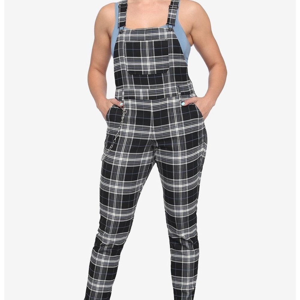Hot Topic like new black and white checkered jumpsuit suspenders with chain